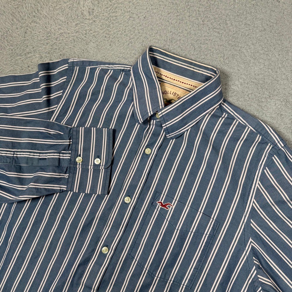 Vintage‎ Y2K Hollister Mens Blue White Striped Long Sleeve Button Up Shirt L 90s